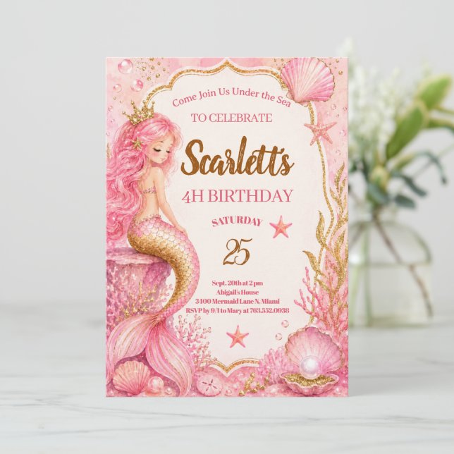 Rosa & Guld Sjöröding Födelsedagsinbjudan Kort (Stående Fram)