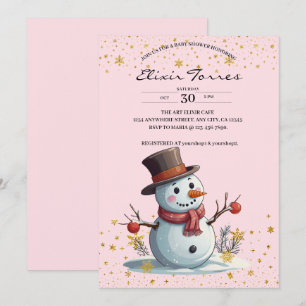 Rosa & Guld Små Snöflingor Snömannen Babyfirande Inbjudningar