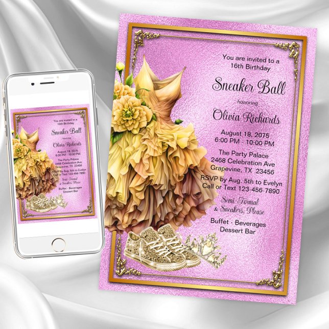 Rosa Guld Sneaker Bal  Inbjudningar (Pink gold sneaker ball invitations. Instant downloads and printed invitations are available.)