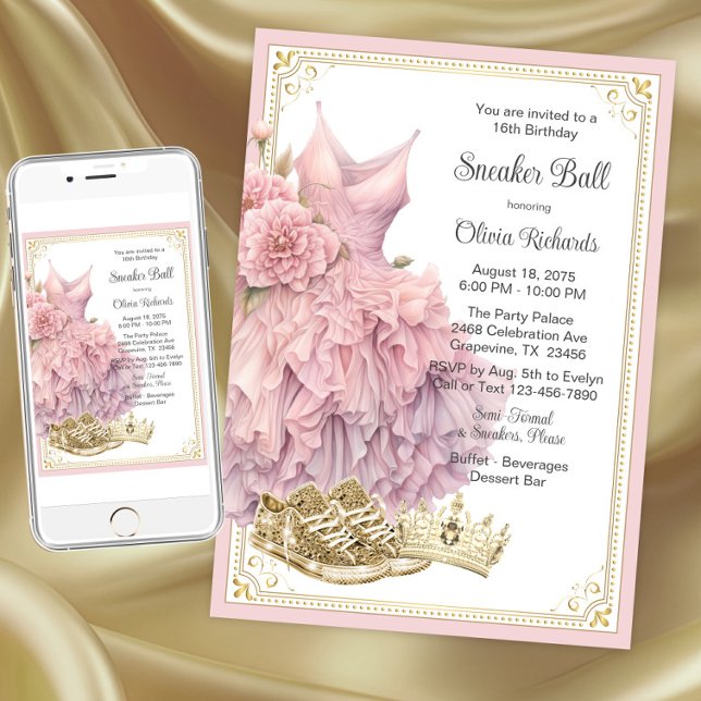 Rosa Guld Sneaker Boll Födelsedagsfest Inbjudningar (Pink gold sneaker ball invitation. Instant download and printed invitations available.)