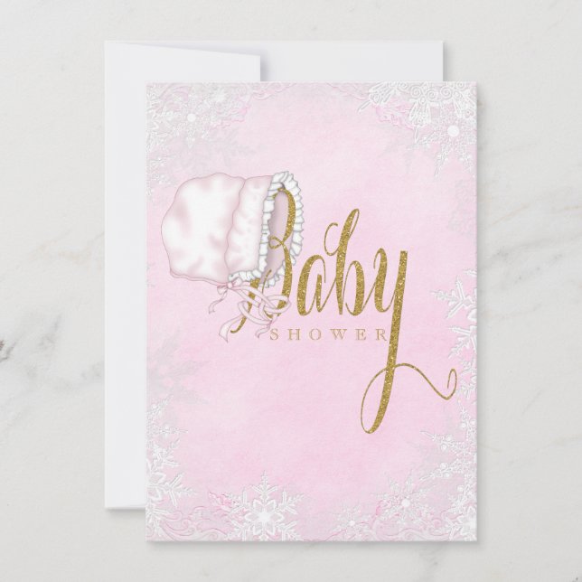 Rosa guld snöflinga baby shower för flicka inbjudningar (Framsida)