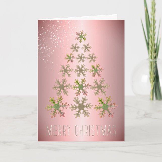 Rosa Guld Snöflinga Julgran Jul Helgkort (Framsida)