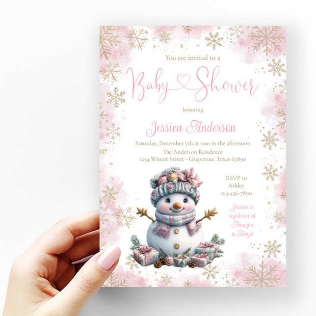 Rosa Guld Snöflinga Snömannen Baby Shower Inbjudningar (Girl snowman baby shower invitation with pretty pink and gold snowflakes.)