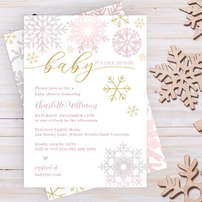 Rosa Guld Snöflinga Vinter Värld Bebis Shower Inbjudningar (Baby Girl Winter Shower Invitation in faux Glitter Gold and Blush Pink)