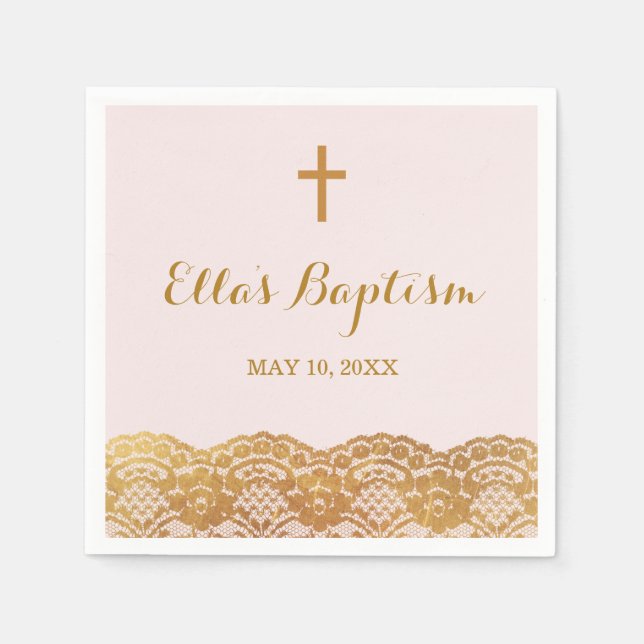 Rosa Guld Snöre Girl Baptism Napkin Pappersservett (Framsidan)