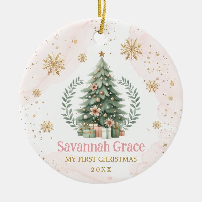 Rosa Guld Snowflake Baby 1:a jul Julgransprydnad Keramik (Framsidan)