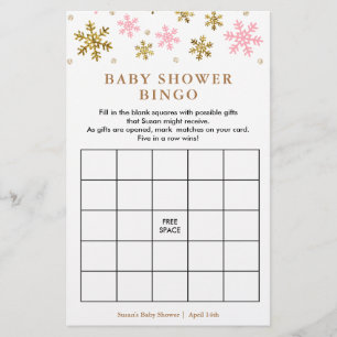 Rosa & Guld Snowflake Baby Shower Bingo Game Card