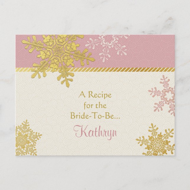 Rosa Guld Snowflake Recipe Card för Bride Vykort (Framsida)