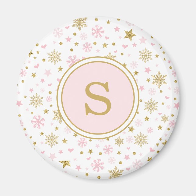 Rosa Guld Snowflake Winter Onederland Party favors Magnet (Framsidan)