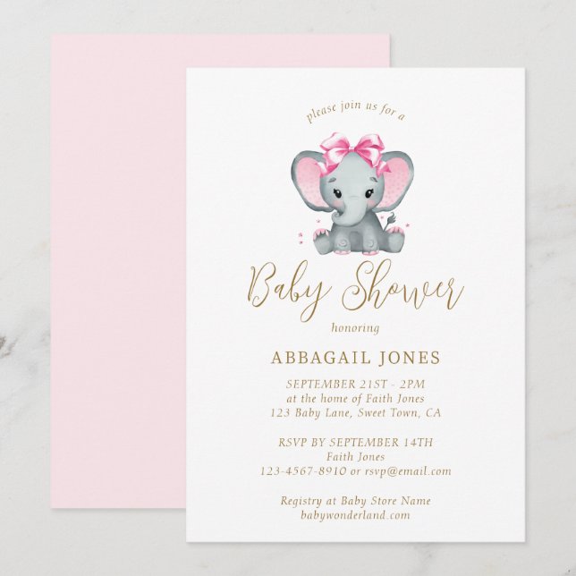 Rosa Guld Söt Elefant Elegant Bebis Shower Inbjudningar (Fram/baksida)