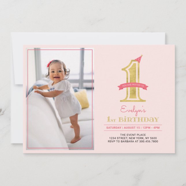 Rosa & Guld | Söt Modern Flickas 1-års Födelsedags Inbjudningar (Framsida)