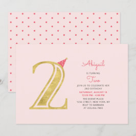 Rosa & Guld | Söt Modern Flickas 2-års Födelsedags Inbjudningar