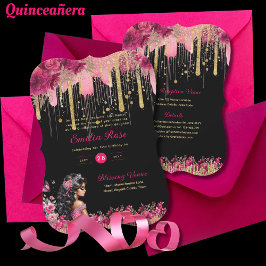 ROSA Guld Sparkles Quinceanera Dress Blommigt Ro Inbjudningar