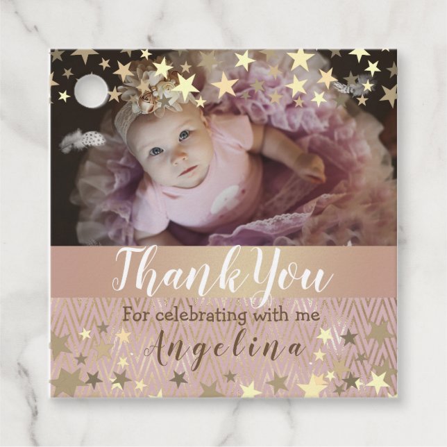 Rosa Guld Star-foto 1:a födelsedag Gåvor Etiketter (Framsida)