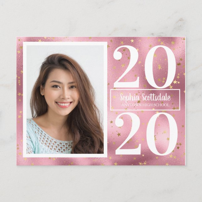 Rosa Guld Stars Photo Studenten annonsering Inbjudan Vykort (Framsida)