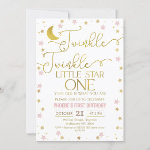 Rosa Guld Stars Twinkle Little Star 1:a födelsedag Inbjudningar
