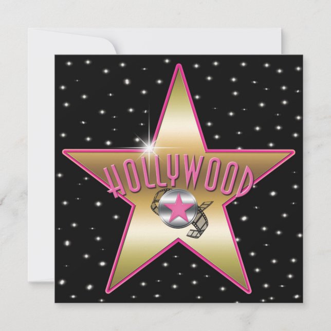 Rosa & Guld Stjärna Hollywood Glitter Inbjudan (Framsida)