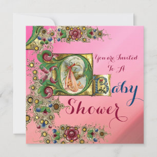 ROSA GULD STORK GIRL BABY SHOWER BLOMMIGT MONOGRAM INBJUDNINGAR