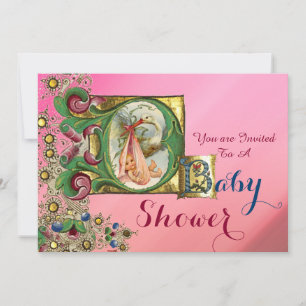 ROSA GULD STORK GIRL BABY SHOWER BLOMMIGT MONOGRAM INBJUDNINGAR
