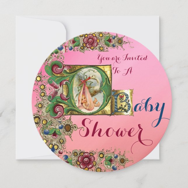 ROSA GULD STORK GIRL BABY SHOWER BLOMMIGT MONOGRAM INBJUDNINGAR (Framsida)