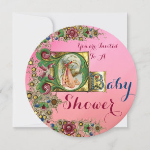 ROSA GULD STORK GIRL BABY SHOWER BLOMMIGT MONOGRAM INBJUDNINGAR
