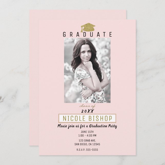 Rosa Guld Student Fotomodern Studentfest Inbjudningar (Fram/baksida)