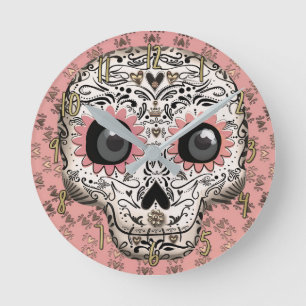 Rosa & Guld Sugar Skull & Cute Whimsical Hearearar Rund Klocka