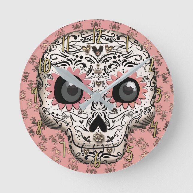 Rosa & Guld Sugar Skull & Cute Whimsical Hearearar Rund Klocka (Framsida)