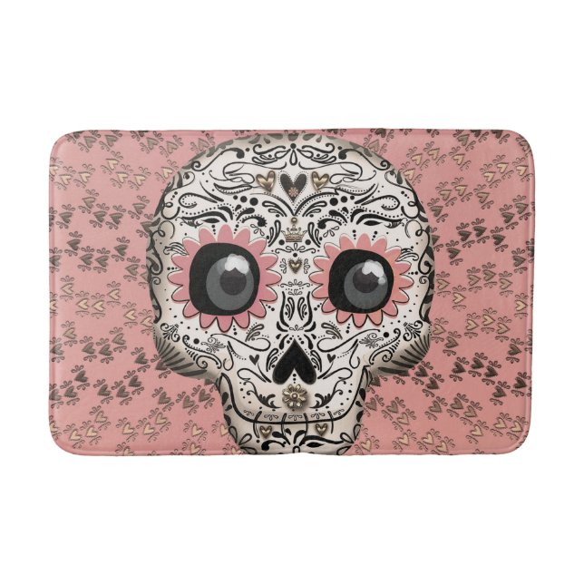 Rosa & Guld Sugar Skull & Cute Whimsical Hearwards Badrumsmatta (Framsidan)