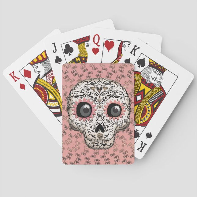 Rosa & Guld Sugar Skull & Cute Whimsical Hearwards Casinokort (Baksidan)