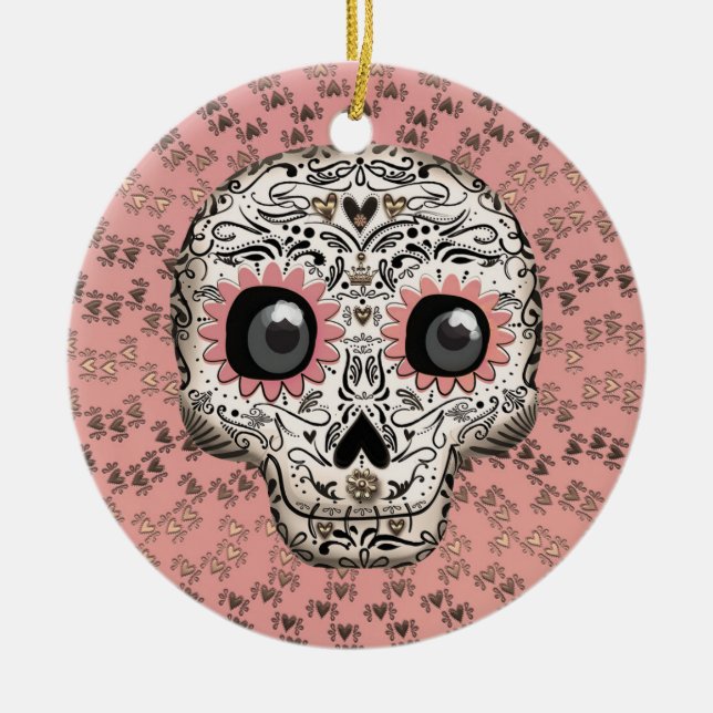 Rosa & Guld Sugar Skull & Cute Whimsical Hearwards Julgransprydnad Keramik (Framsidan)