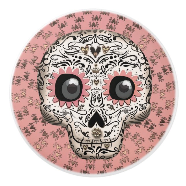 Rosa & Guld Sugar Skull & Cute Whimsical Hearwards Knopp (Framsidan)
