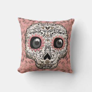 Rosa & Guld Sugar Skull & Cute Whimsical Hearwards Kudde