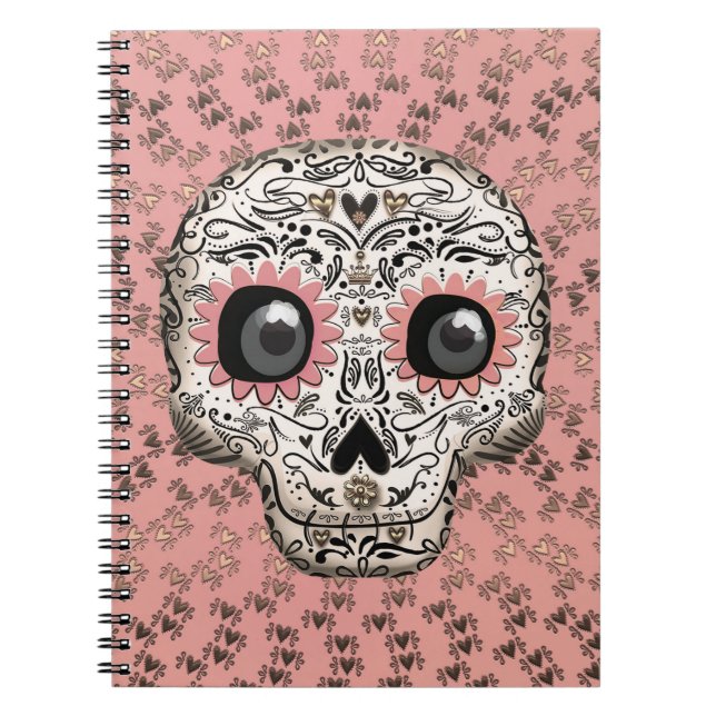 Rosa & Guld Sugar Skull Whimsical Cute Anteckningsbok (Framsidan)