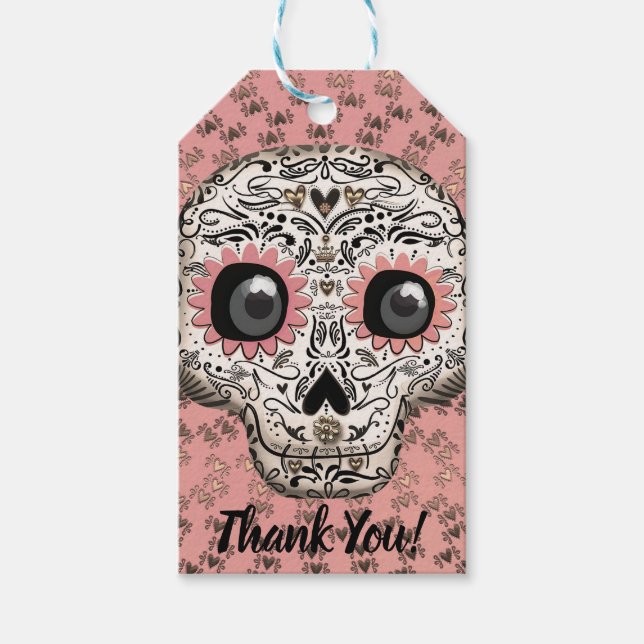 Rosa & Guld Sugar Skull Whimsical Cute Party Presentetikett (Framsidan)