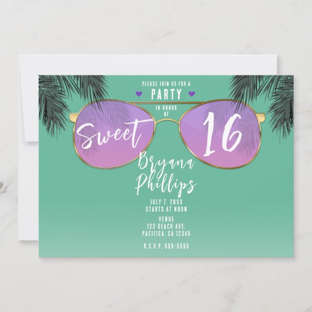 Rosa & Guld Sunglass Teal Summer Sweet 16 Party Inbjudningar (Framsida)