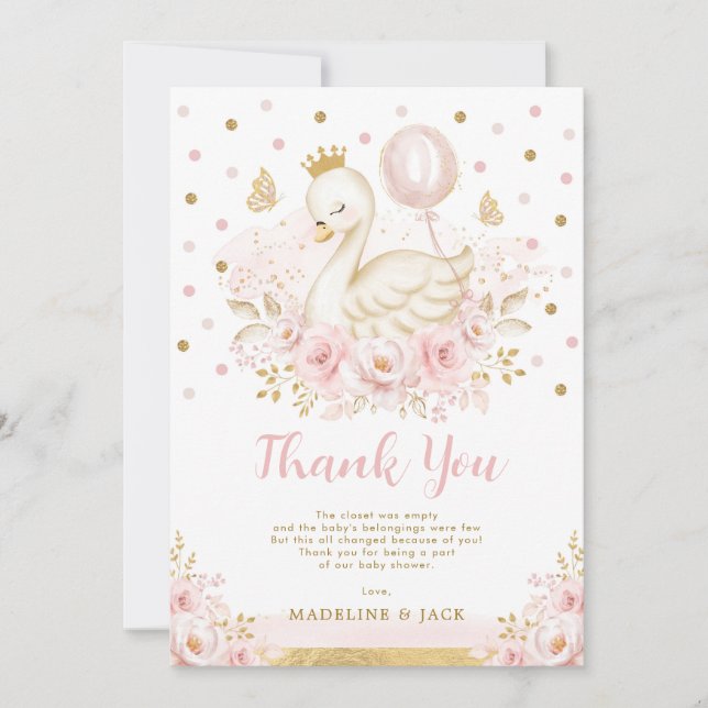 Rosa Guld Svan Princess Balloon Girl Baby Shower Tack Kort (Framsida)