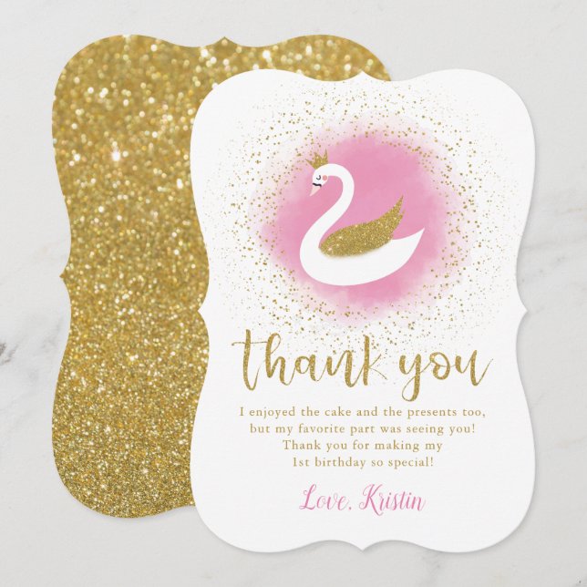 Rosa Guld Svan Princess Birthday Tack du-kort Kort (Fram/baksida)