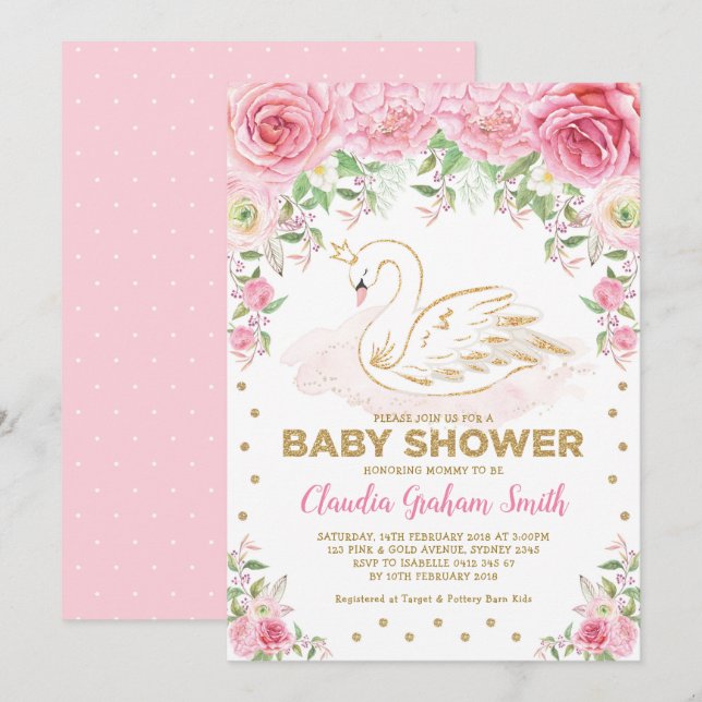 Rosa Guld Svan Princess Girl Girl Baby Shower Inbjudningar (Fram/baksida)