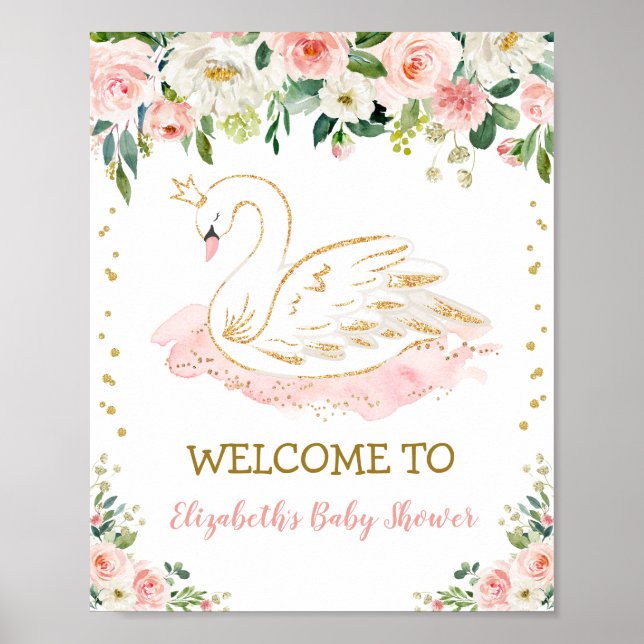 Rosa Guld Svan Princess Girl Girl Baby Shower Välk Poster (Framsidan)