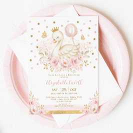 Rosa Guld Svan Princess med babyskor med ballongen Inbjudningar