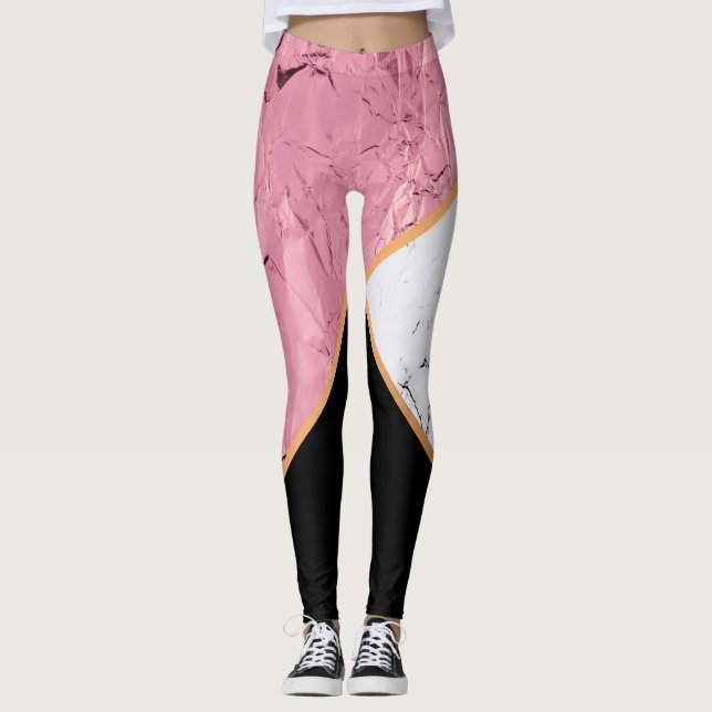 Rosa guld- svartvitt marmormönster leggings (Framsida)