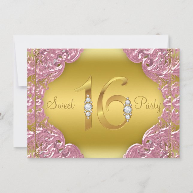 Rosa Guld Sweet 16-fest Inbjudningar (Framsida)