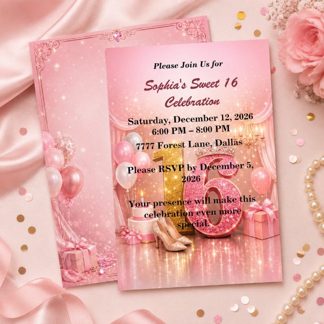Rosa Guld Sweet 16 Födelsedagsinbjudan Inbjudningar (Skapare uppladdad)
