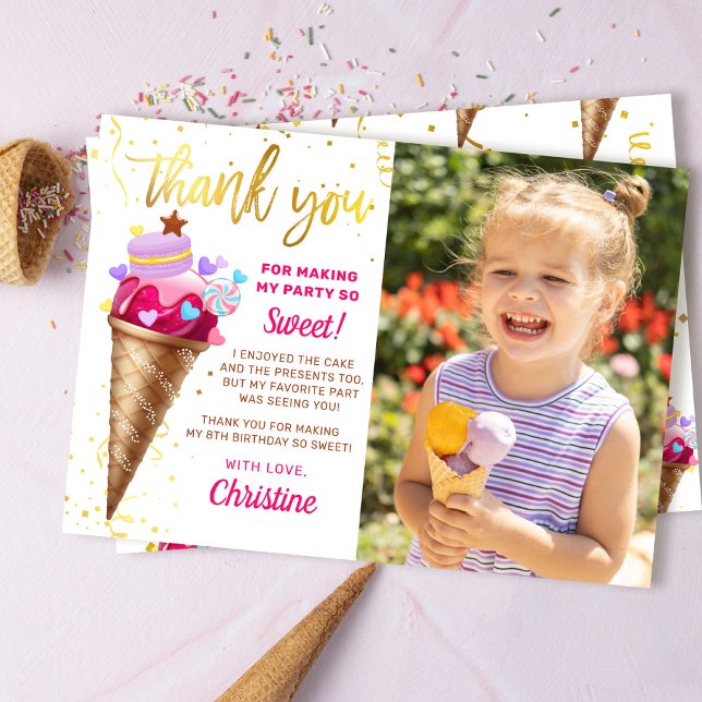 Rosa Guld Sweet Ice Cream Birthday Photo Tack Kort (Skapare uppladdad)