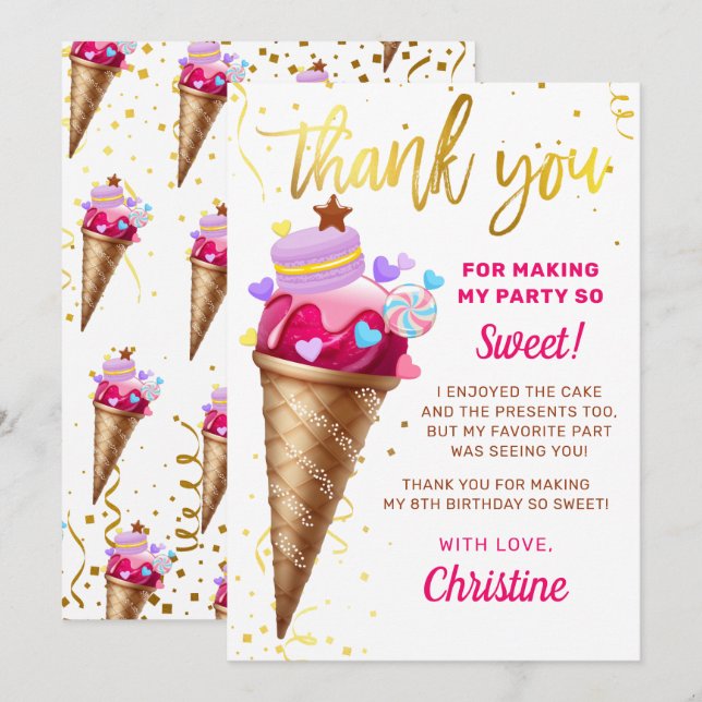Rosa Guld Sweet Ice Cream Birthday Tack du Card Kort (Fram/baksida)