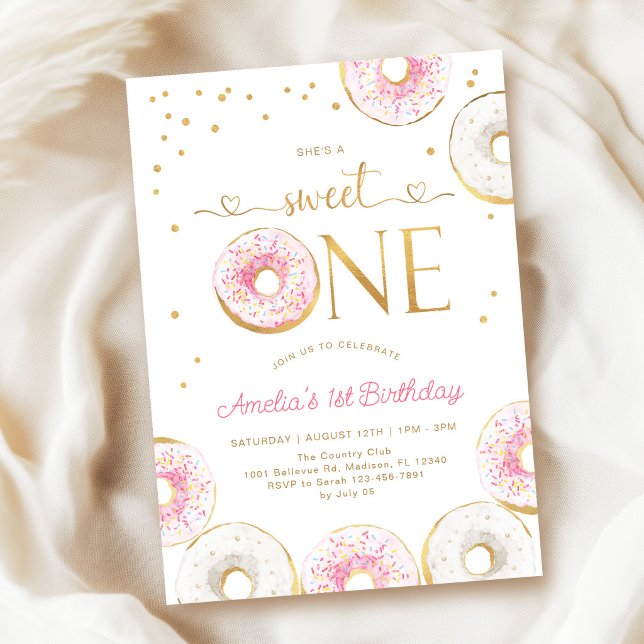 Rosa Guld Sweet One Donuts 1-årsfest Inbjudningar (Skapare uppladdad)