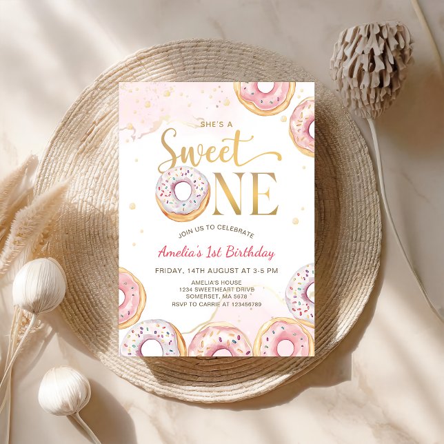 Rosa Guld Sweet One Donuts 1st Birthday Call Inbjudningar (Skapare uppladdad)