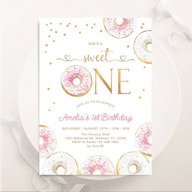 Rosa Guld Sweet One Donuts 1st Birthday Inbjudningar (Skapare uppladdad)
