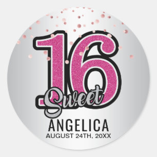 Rosa guld- sweet sixteen 16 för personligglitter runt klistermärke